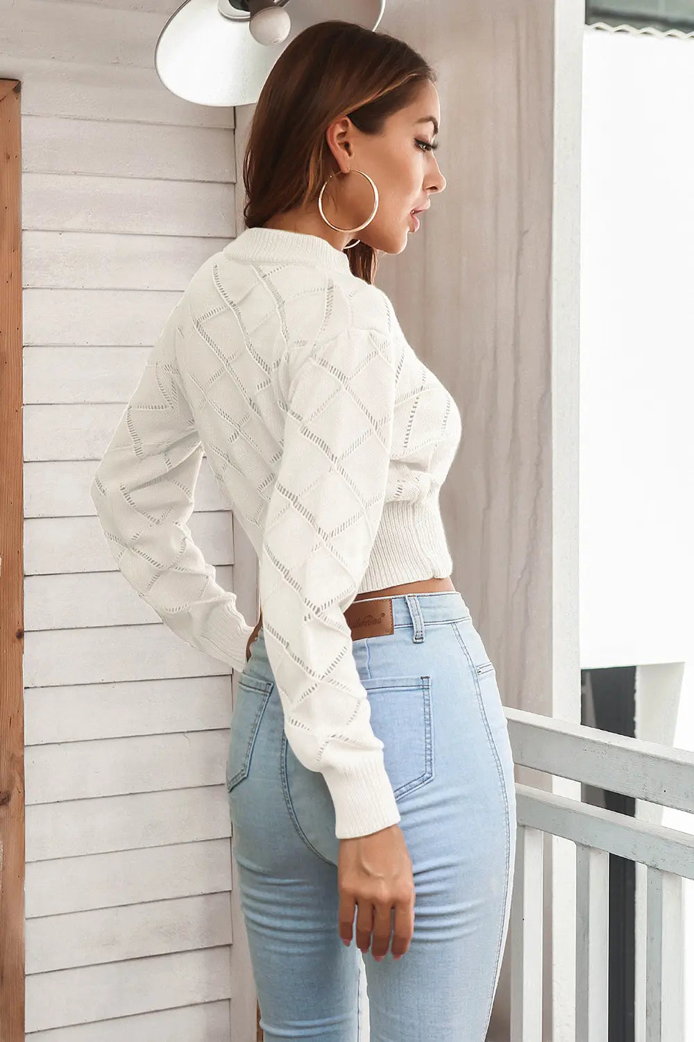 Openwork Plaid Round Neck Cropped Sweater - Fashorio