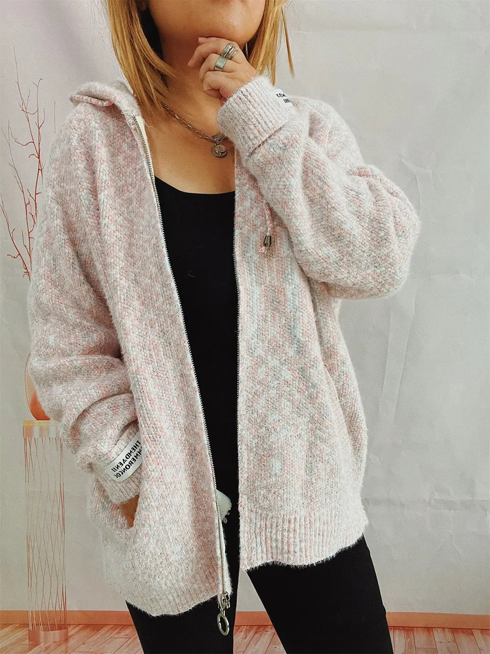 Zip Up Drawstring Long Sleeve Hooded Sweater - Fashorio