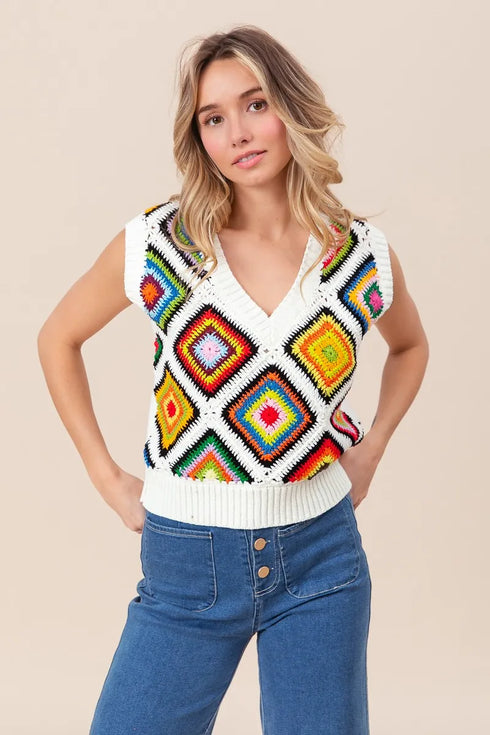 BiBi Diamond Granny Square Sweater Vest - Fashorio