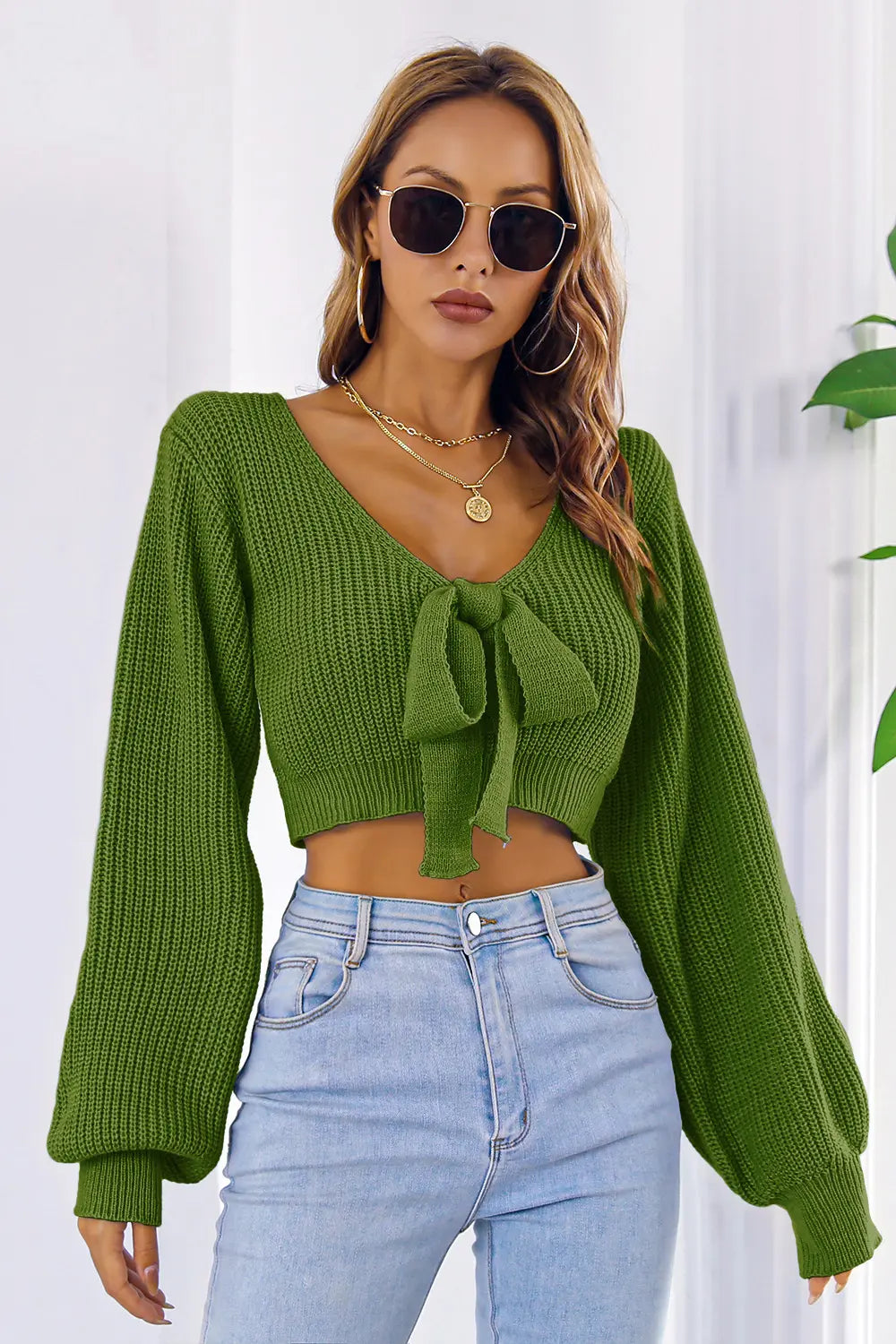 Bow V-Neck Long Sleeve Cropped Sweater Green - Fashorio