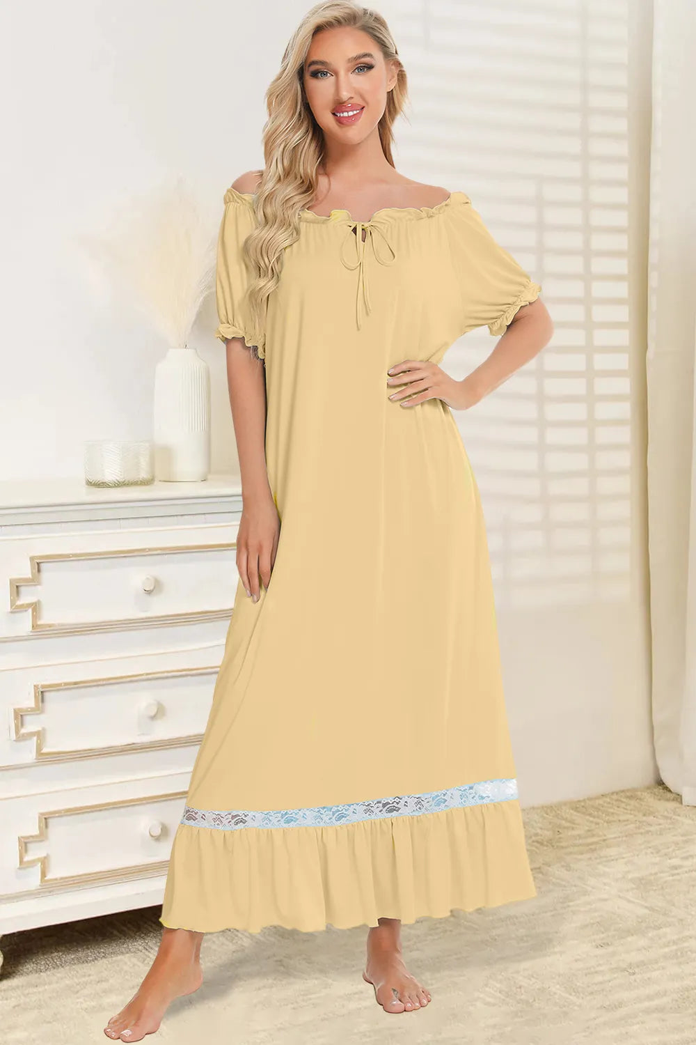 Lace Detail Short Sleeve Lounge Dress Light Yellow - Fashorio