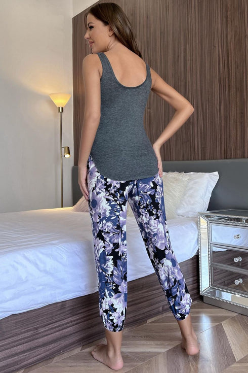 Scoop Neck Tank and Floral Cropped Pants Lounge Set - Fashorio