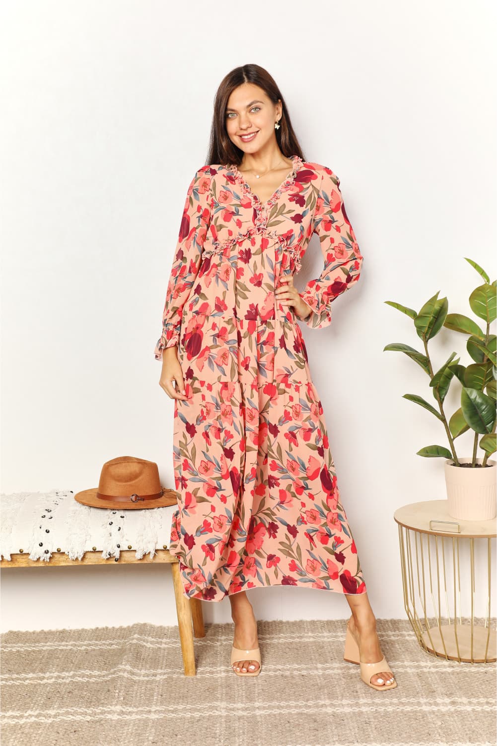 Double Take Floral Frill Trim Flounce Sleeve Plunge Maxi Dress - Fashorio