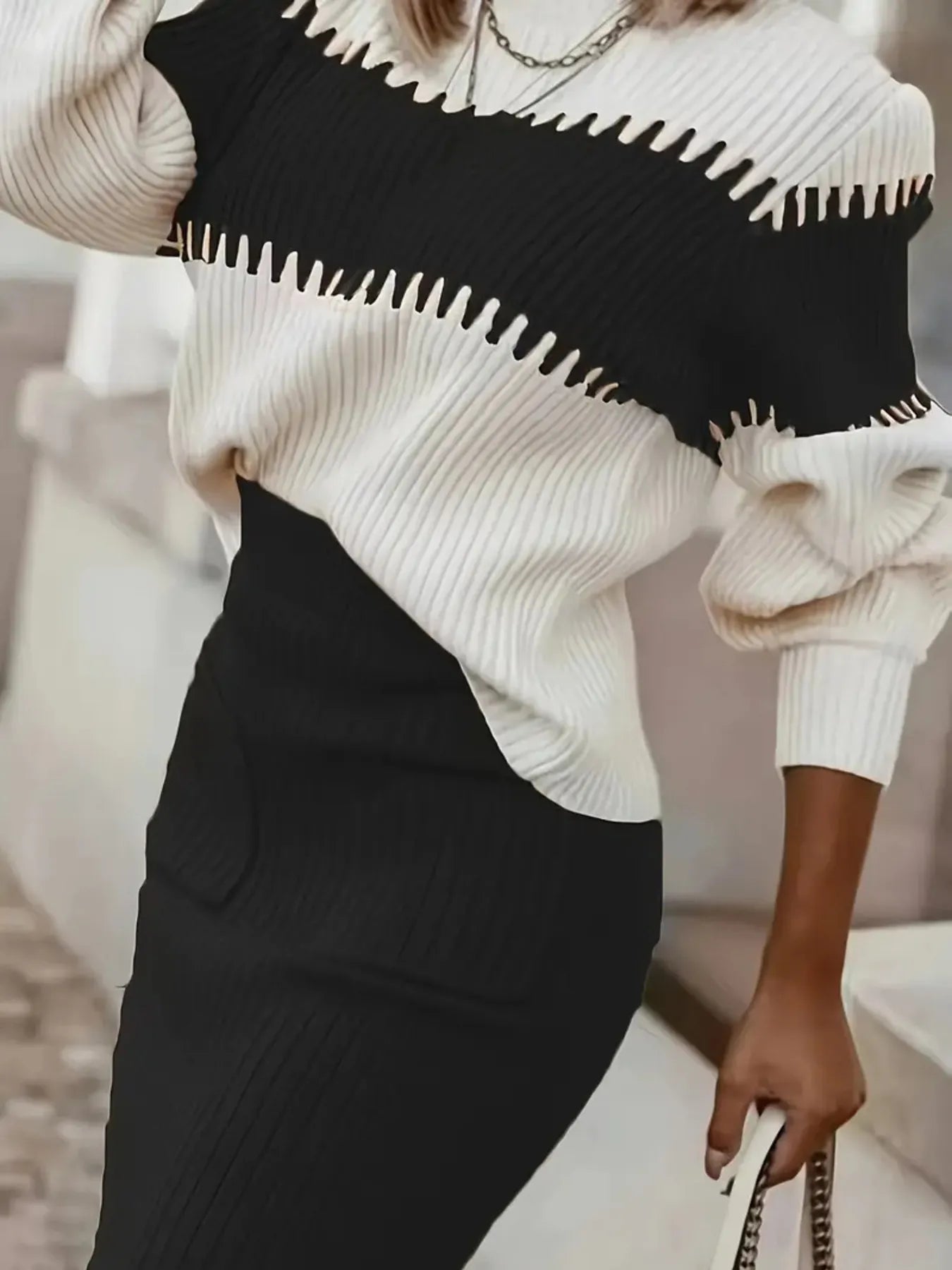 Two-Tone Ribbed Knit Top and Skirt Sweater Set - Fashorio