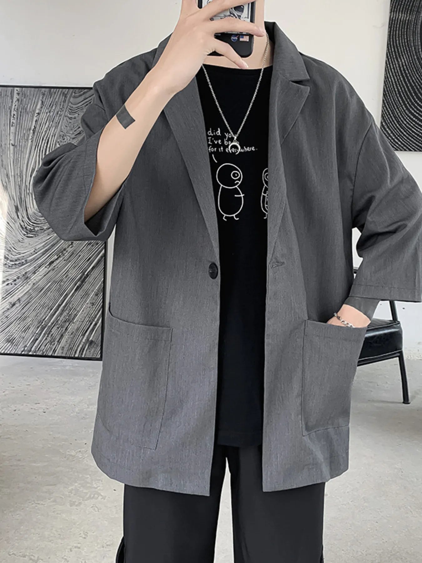 Men's One Button Long Sleeve Blazer Grey - Fashorio