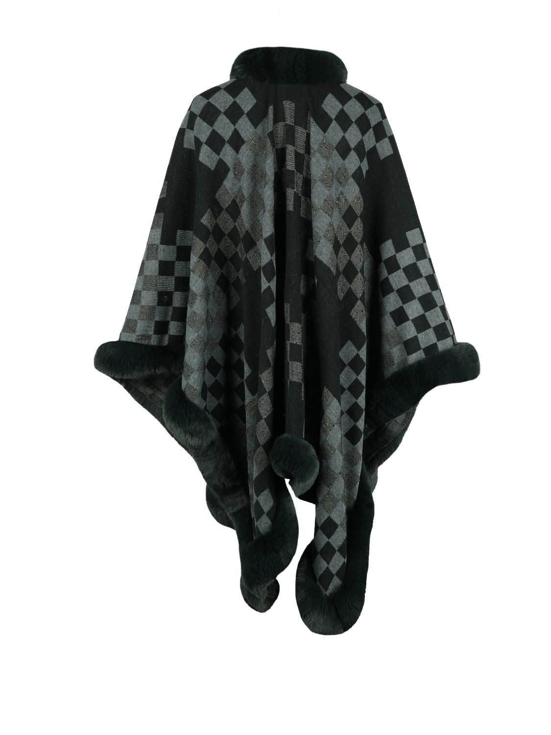 Checkered Faux Fur Trim Poncho - Fashorio
