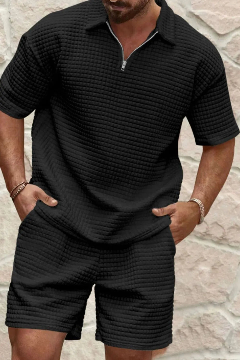 Men's Full Size Zip Collar Short Sleeve Top and Shorts Set Plus Size Black - Fashorio
