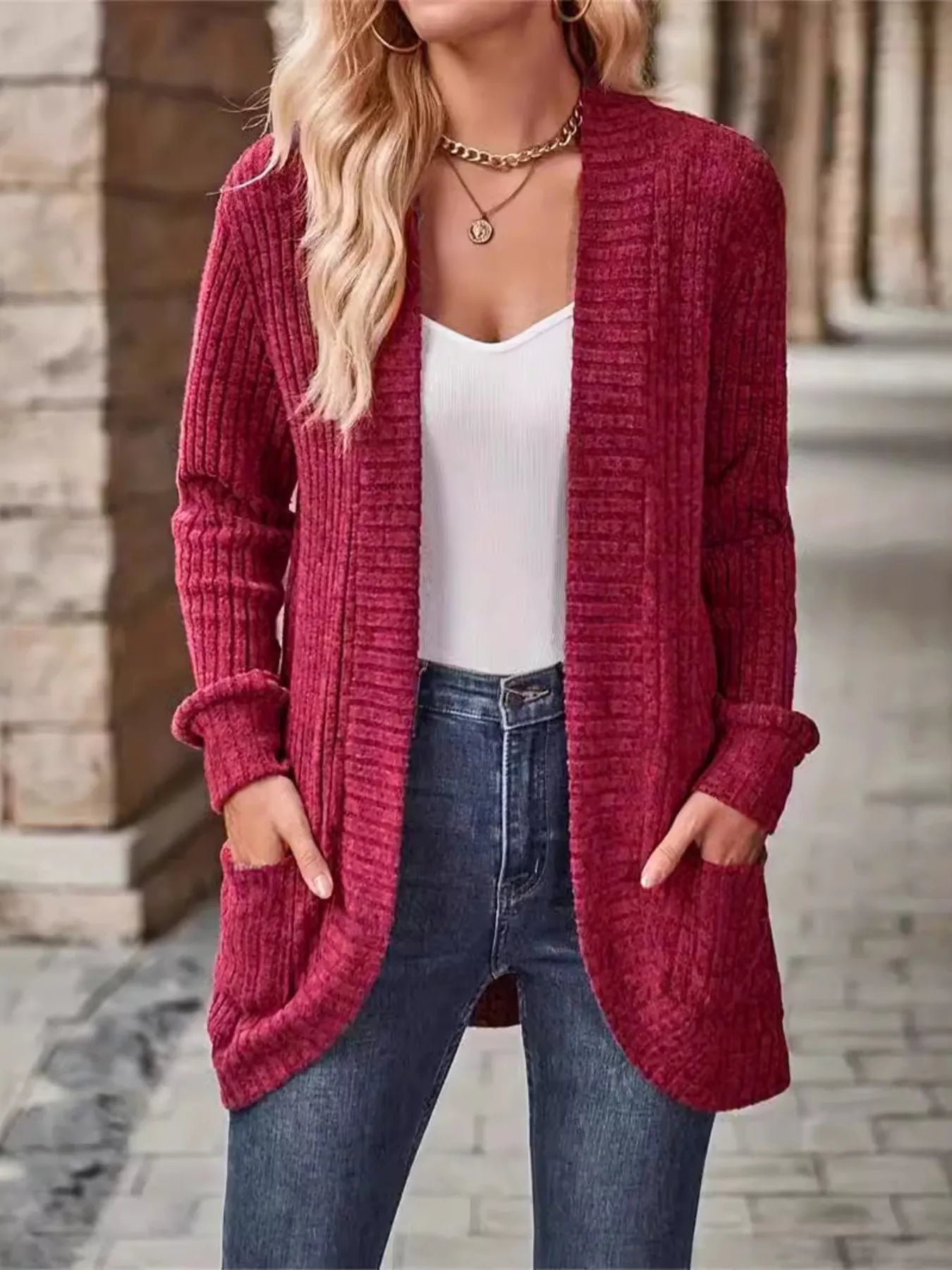 Ribbed Open Front Long Cardigan with Pockets Burgundy - Fashorio