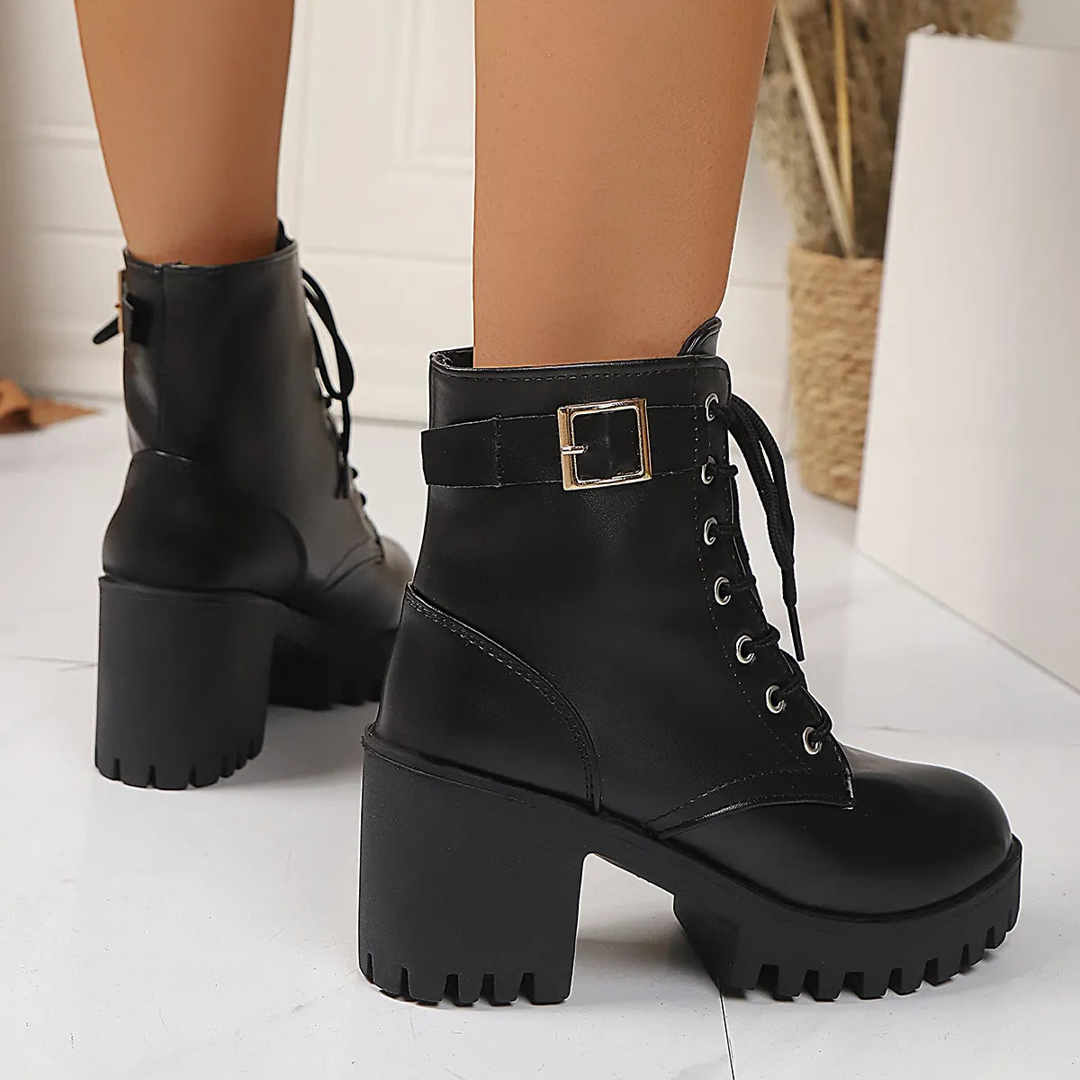 Combat Lace Up Boots with Buckle Straps - Fashorio