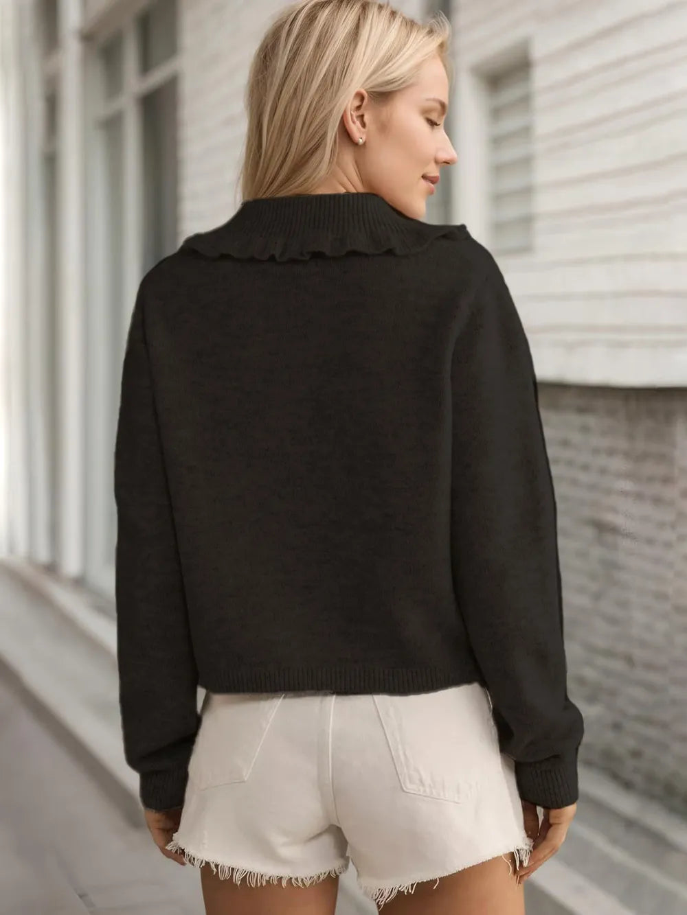 Frill Button Up Collared Neck Long Sleeve Cardigan - Fashorio