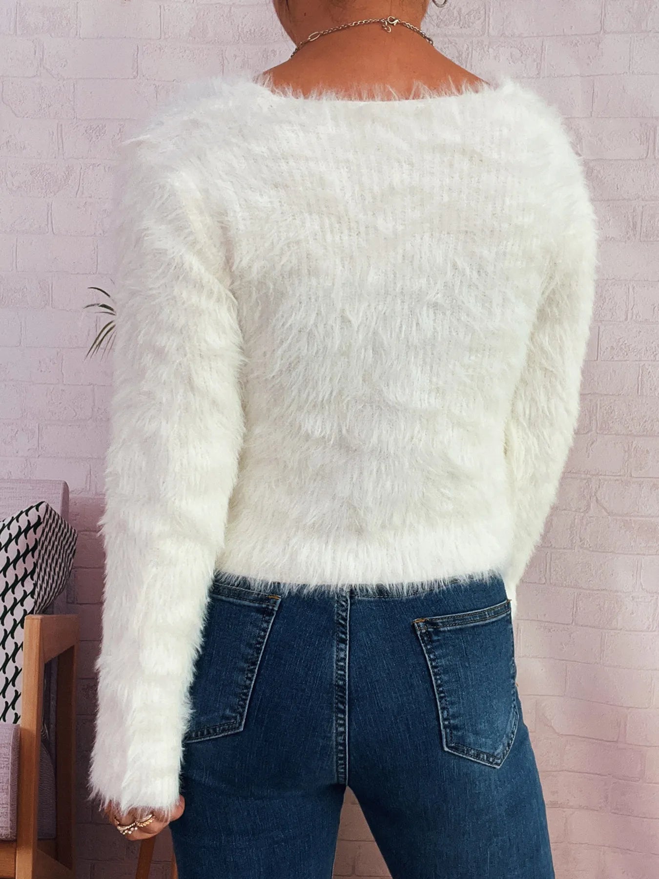 Fuzzy Heart Shape Button-Up Cardigan - Fashorio