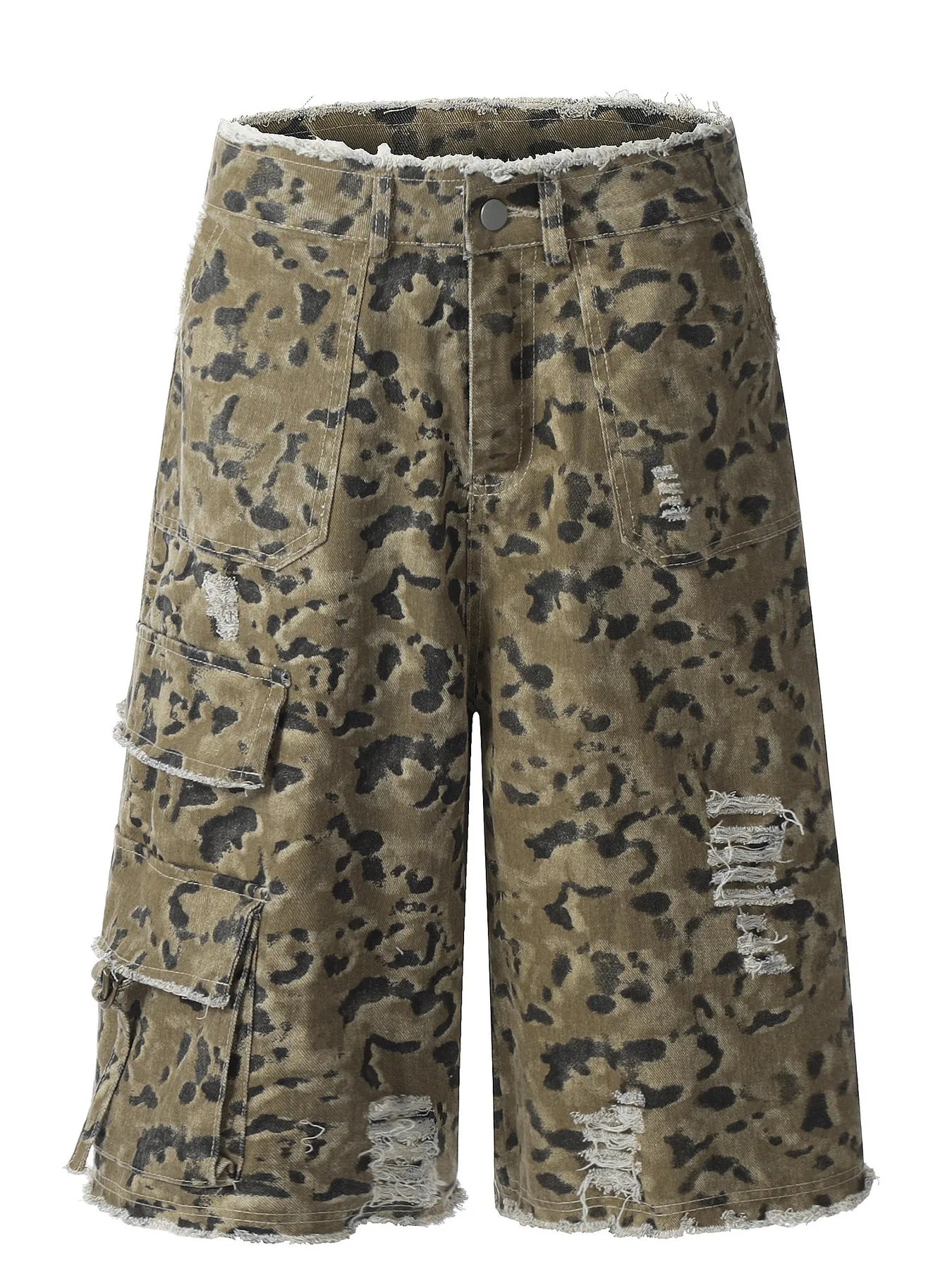 Men's Camouflage Denim Shorts with Raw Hem Leopard Print - Fashorio