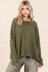 Mittoshop Mineral Wash Cutout Pocket Long Sleeve Waffle Top OLIVE - Fashorio