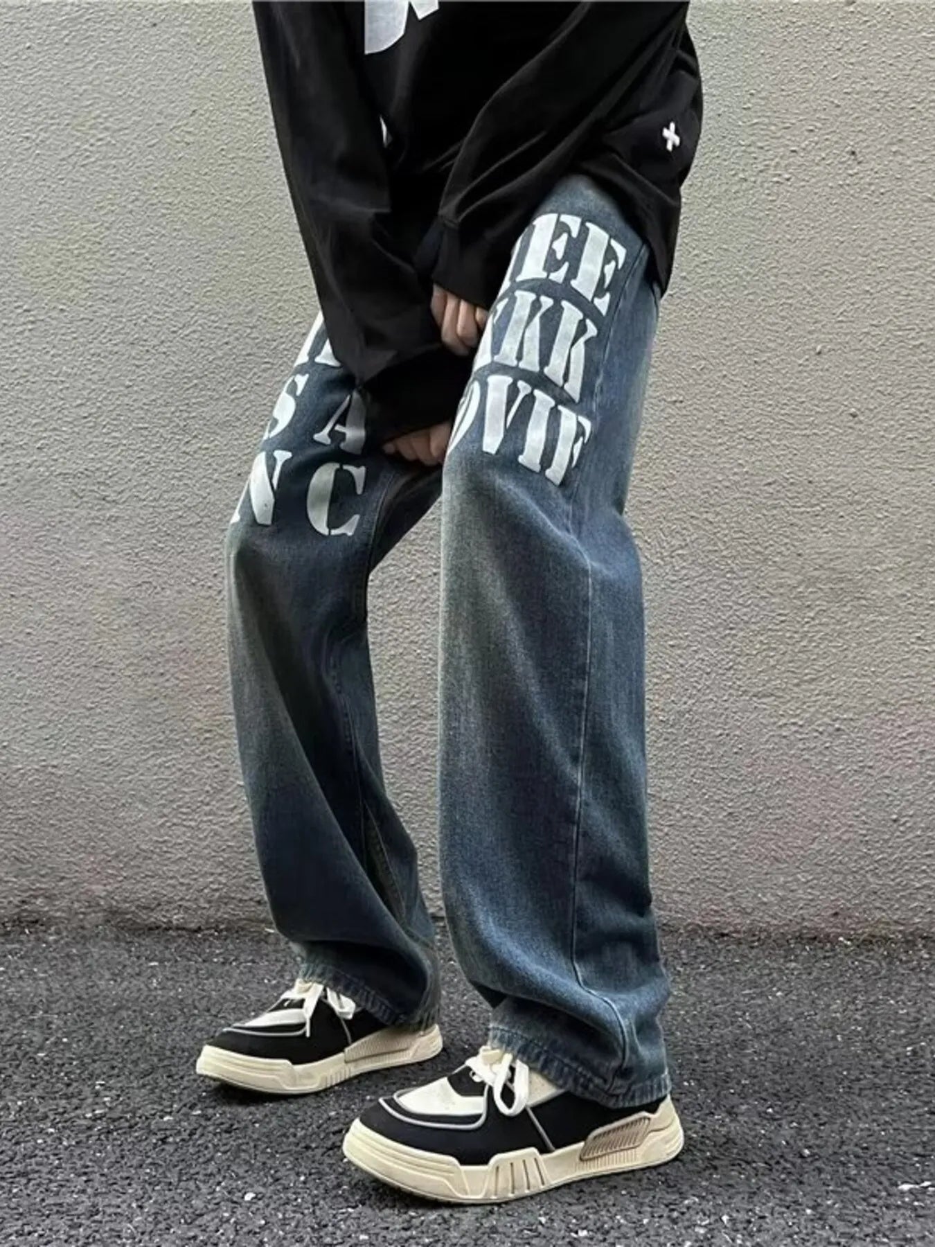 Men's Full Size Letter Graphic Wide Leg Jeans Plus Size - Fashorio