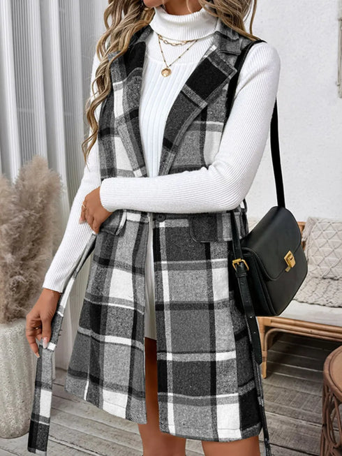 Perfee Tied Plaid Vest Coat - Fashorio
