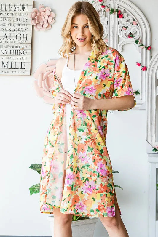 Heimish Full Size Half Sleeve Multi Color Floral Open Cardigan Plus Size - Fashorio