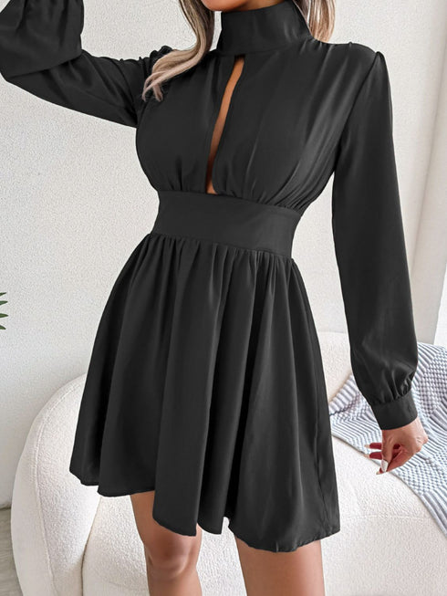 Cutout Turtleneck A-Line Mini Dress - Fashorio