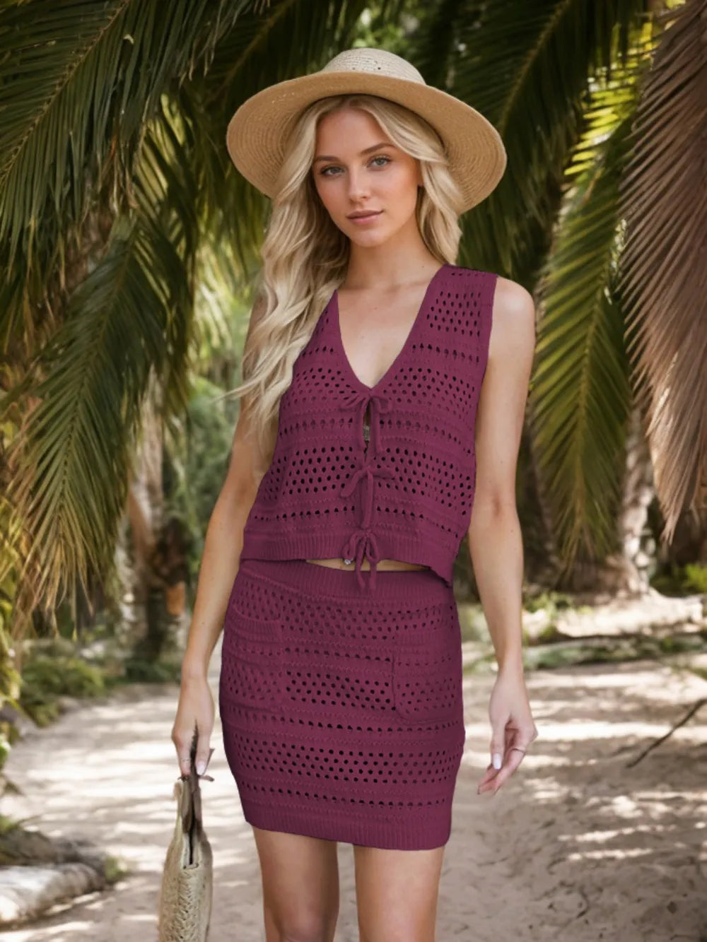 Openwork V-Neck Top and Skirt Knit Cover Up Set - Fashorio