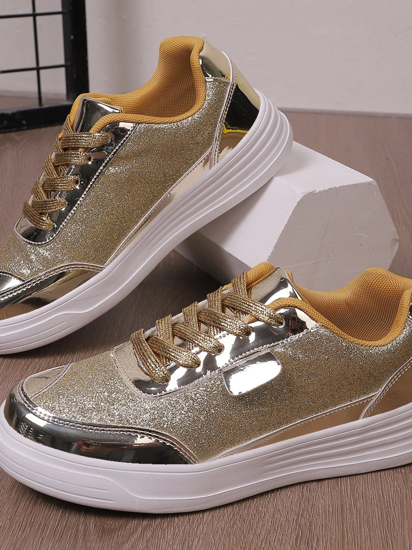 Glitter Metallic Platform Sneakers Gold - Fashorio