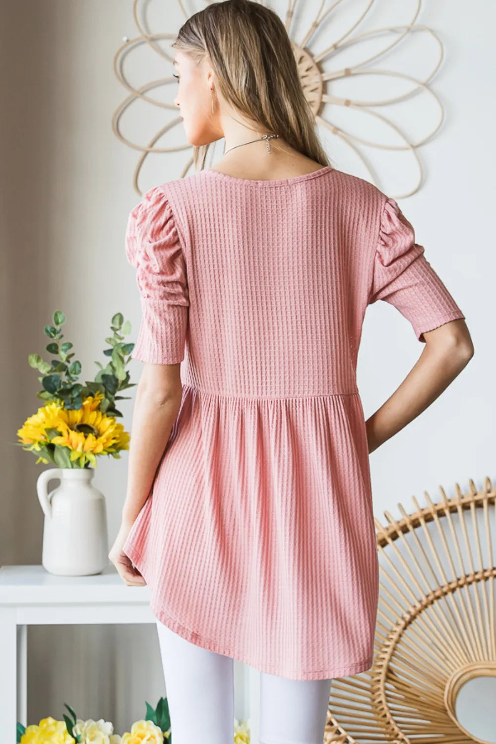 Heimish Full Size Waffle Knit V-Neck Babydoll Top - Fashorio