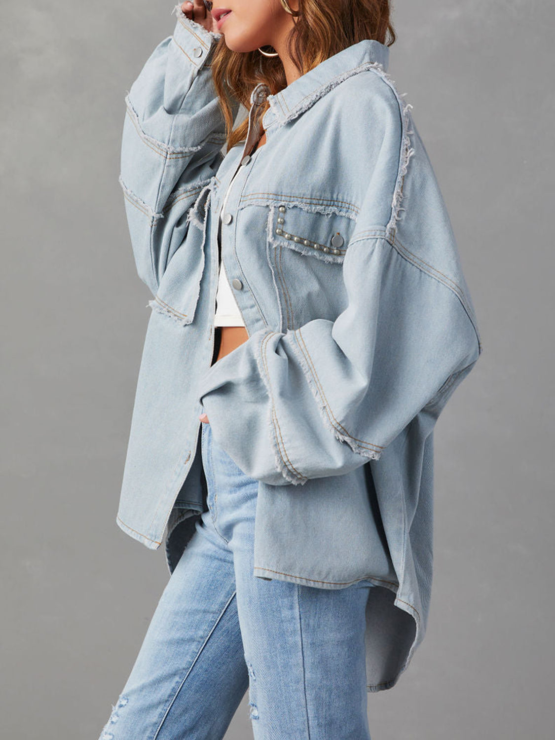 Button Down Raw Hem Denim Jacket - Fashorio