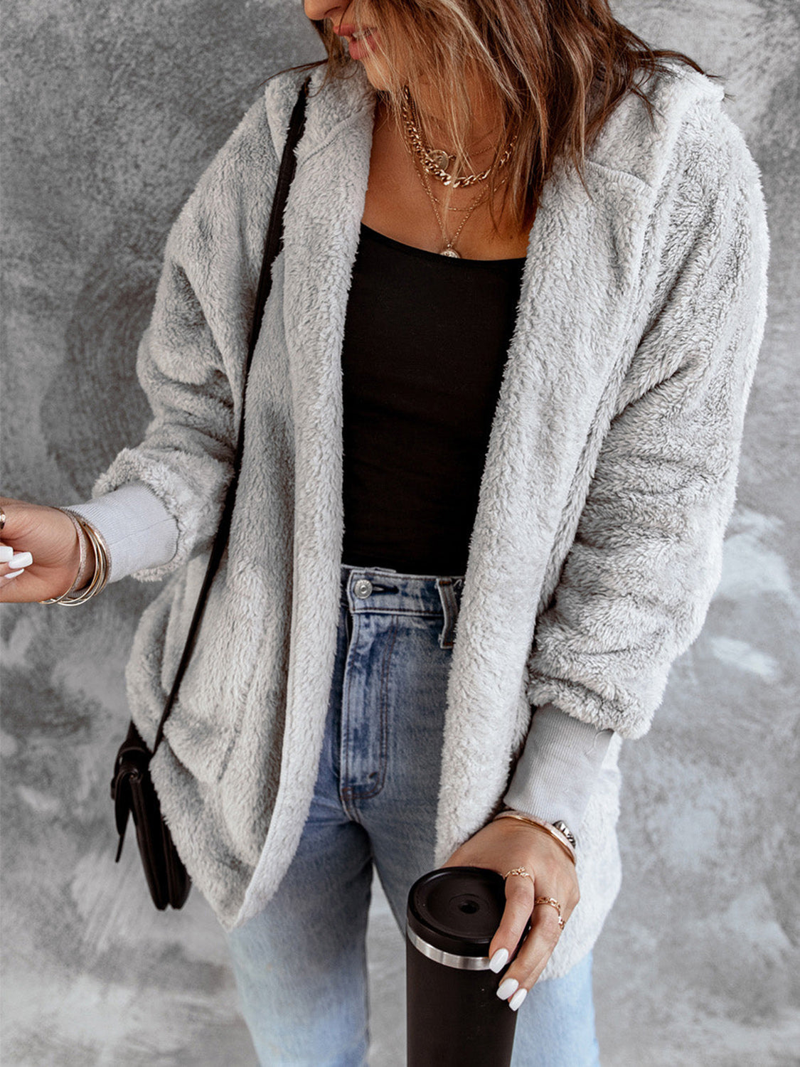 Open Front Hooded Faux Fur Outwear with Pockets - Fashorio