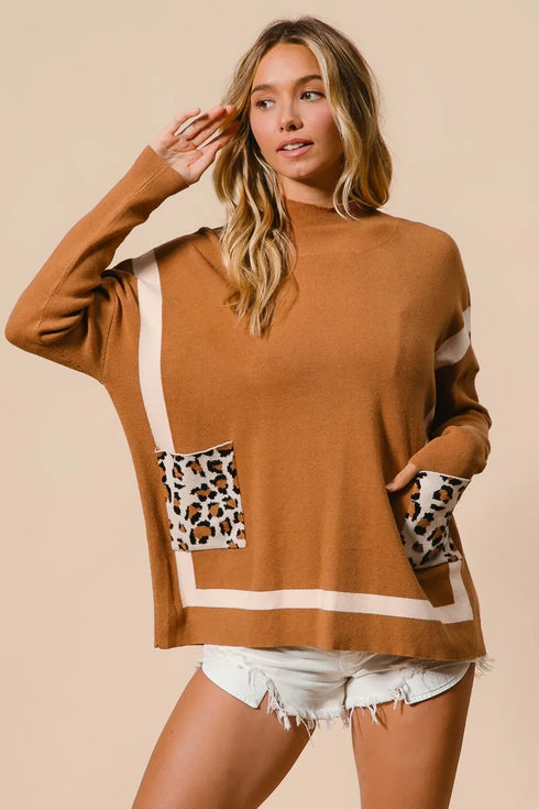BiBi Mock Neck Sweater with Leopard Pocket - Fashorio
