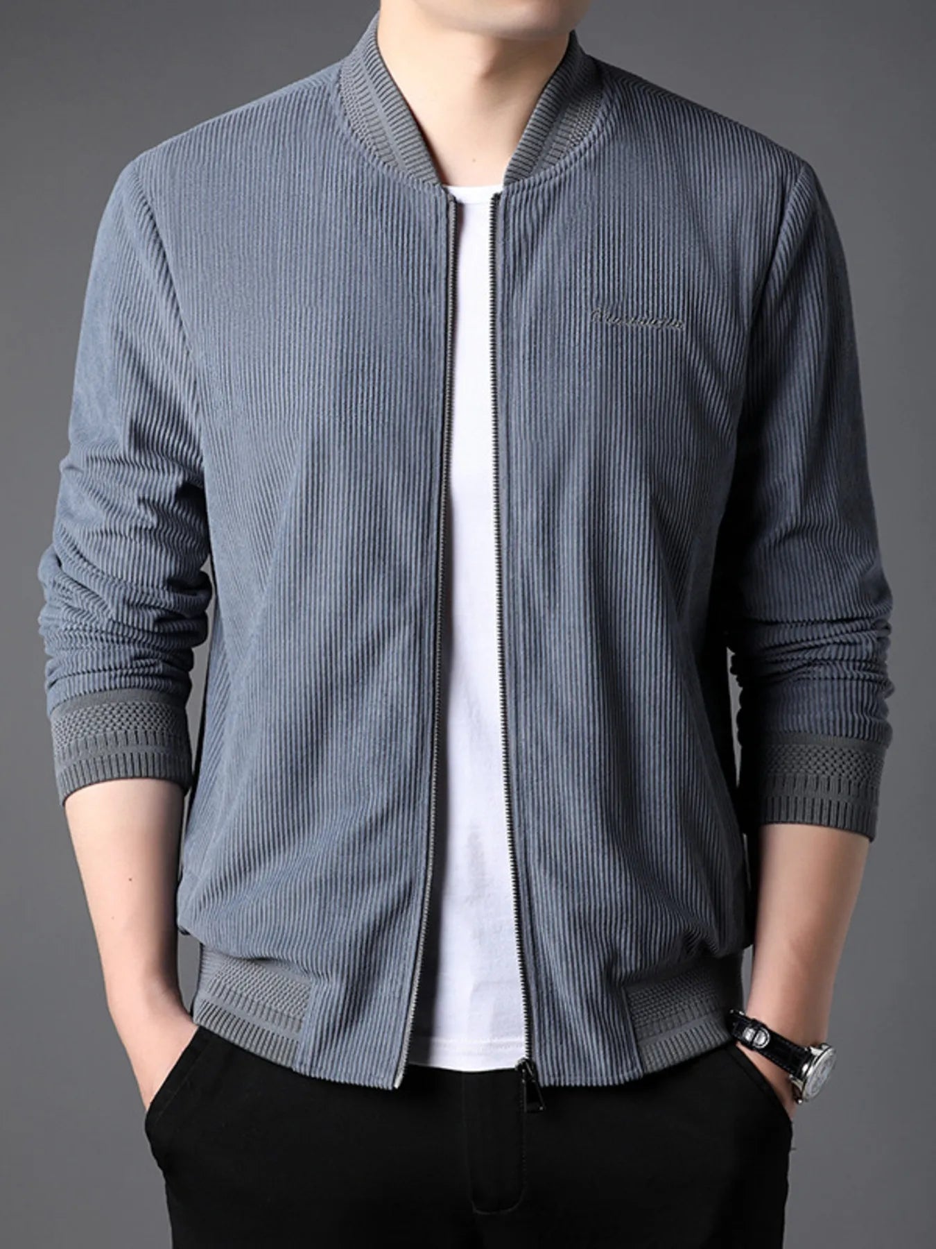 Men's Zip Up Long Sleeve Jacket Blue And Gray - Fashorio