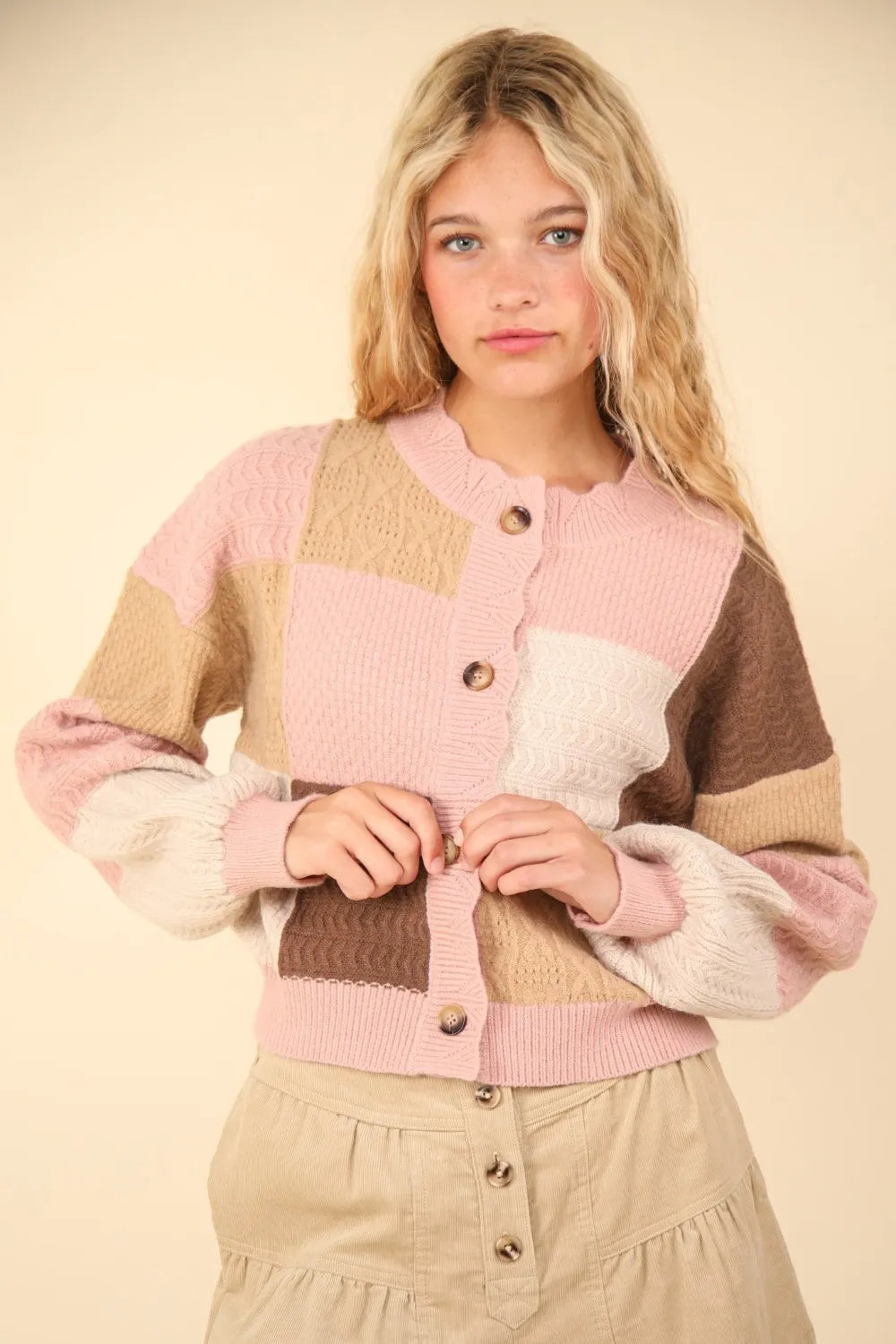 VERY J Color Block Button Down Textured Sweater Cardigan - Fashorio