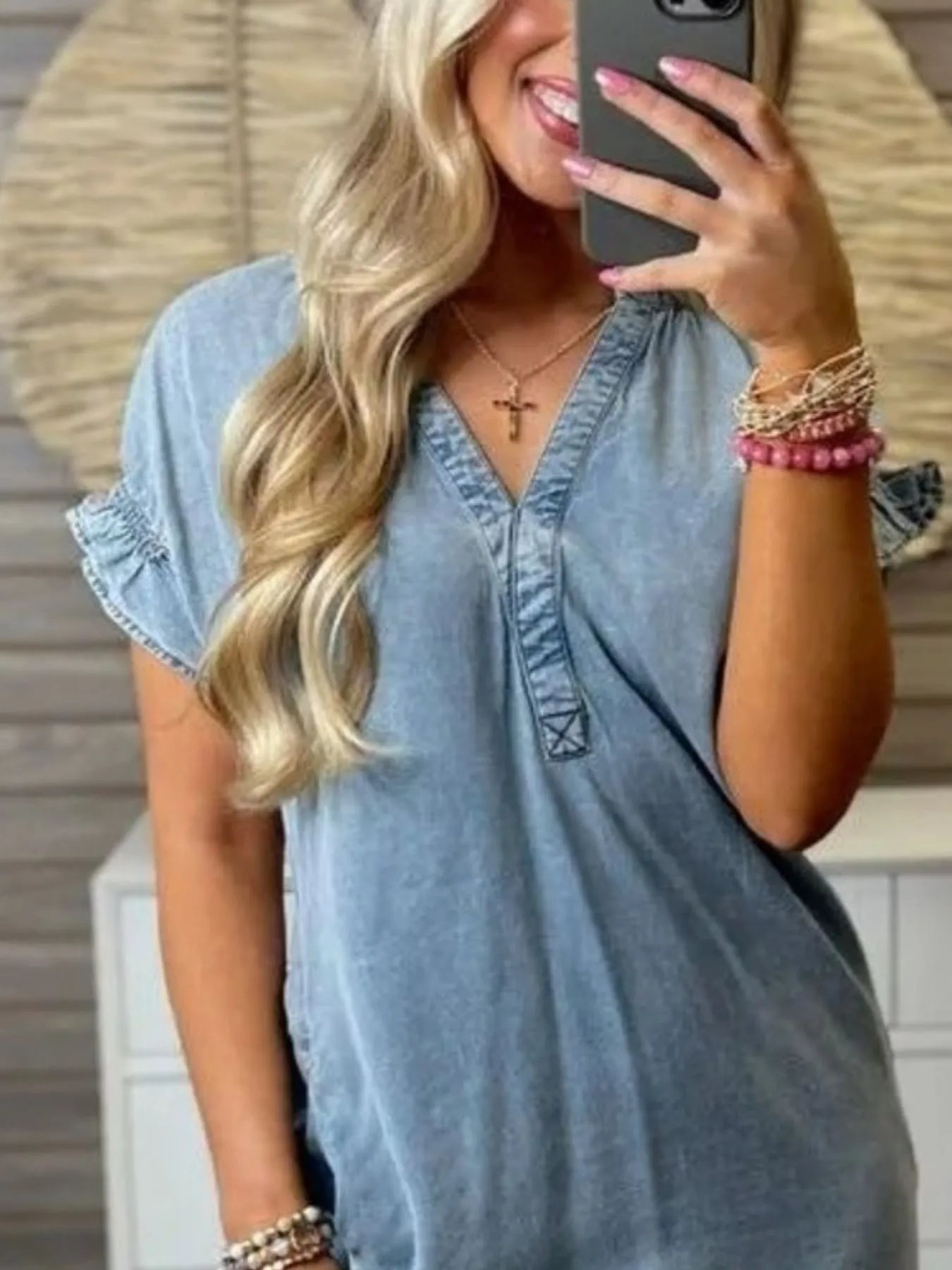 Full Size V-Neck Short Sleeve Denim Dress Plus Size - Fashorio