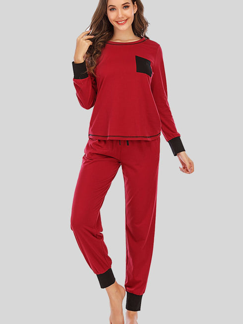 Round Neck Top and Pants Lounge Set Wine - Fashorio