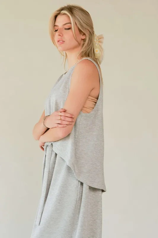 Davi & Dani Drawstring Hem Round Neck Tank and Pants Set - Fashorio