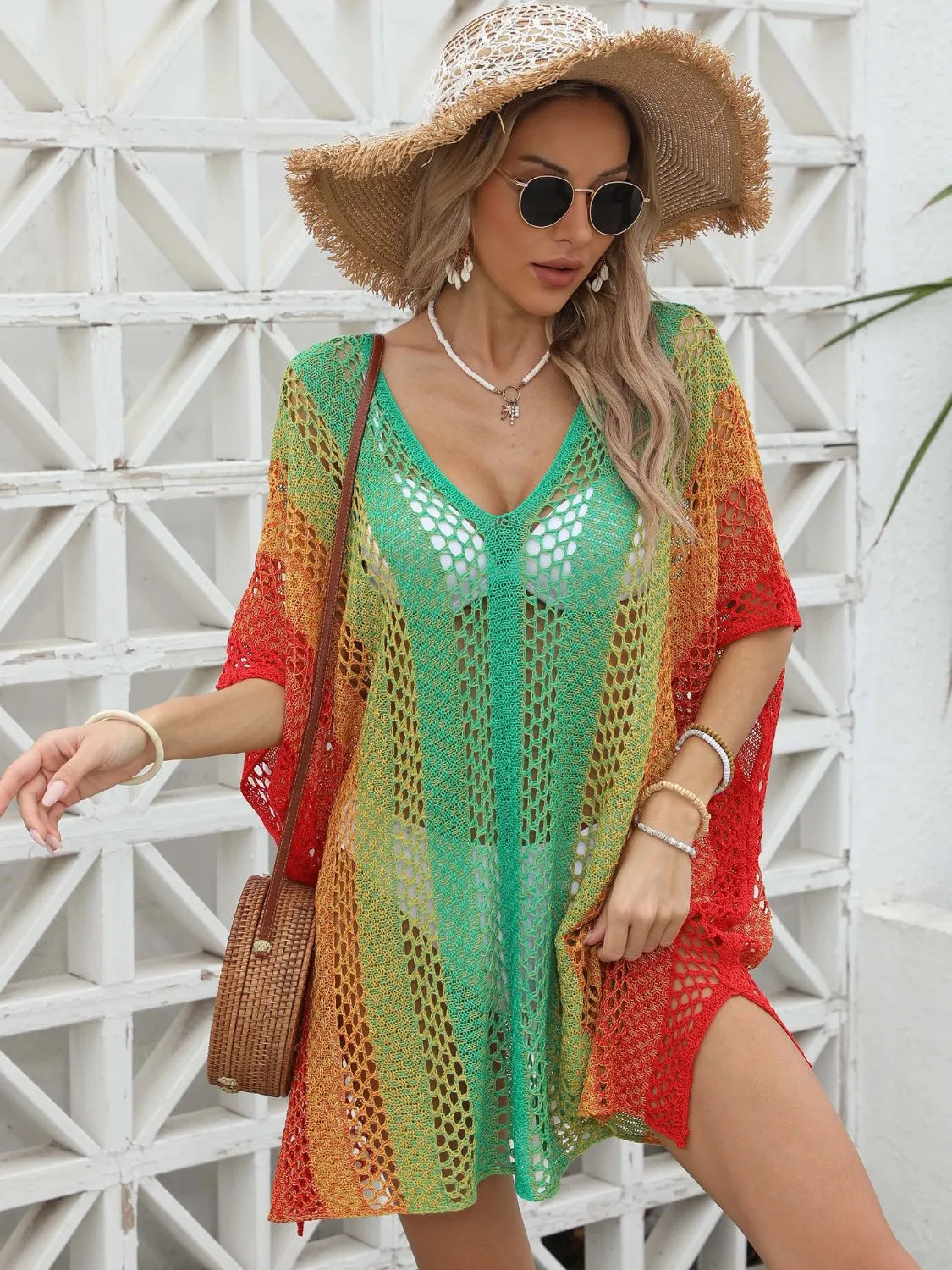 Rainbow Gradient Crochet Beach Cover Up - Fashorio