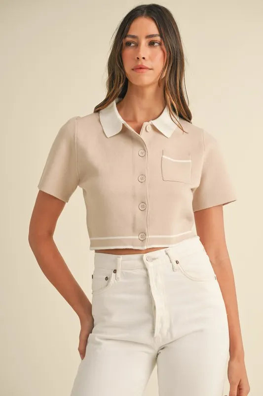 MABLE Button Down Contrast Collared Knit Cardigan Tan - Fashorio