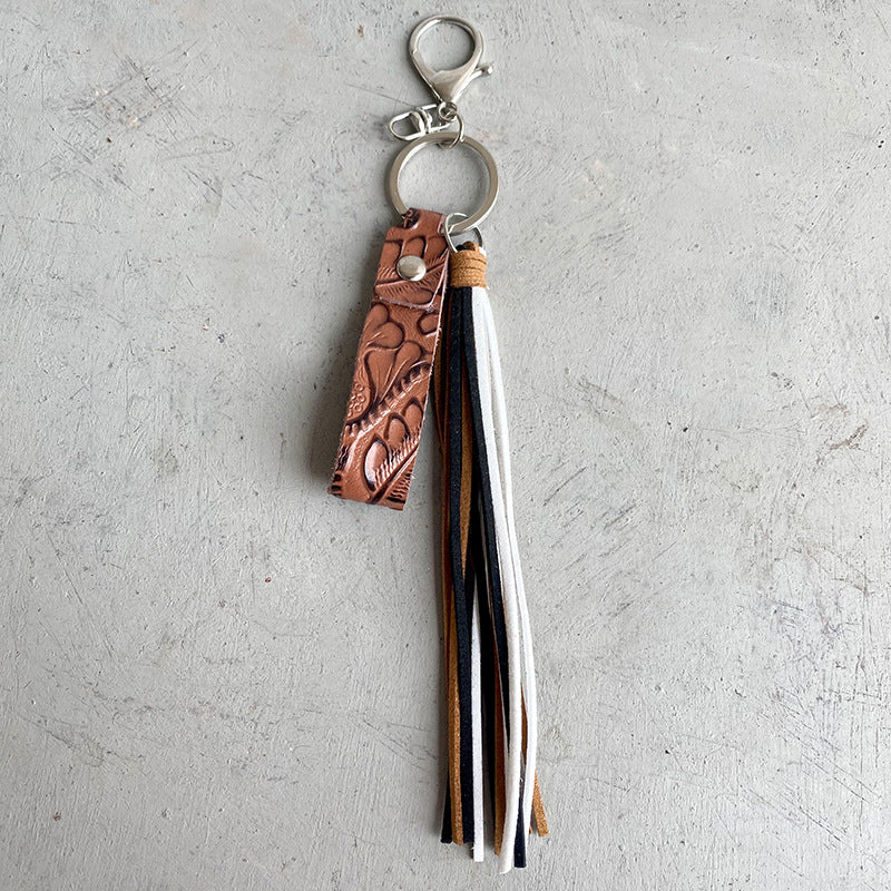 Genuine Leather Tassel Keychain Brown One Size - Fashorio