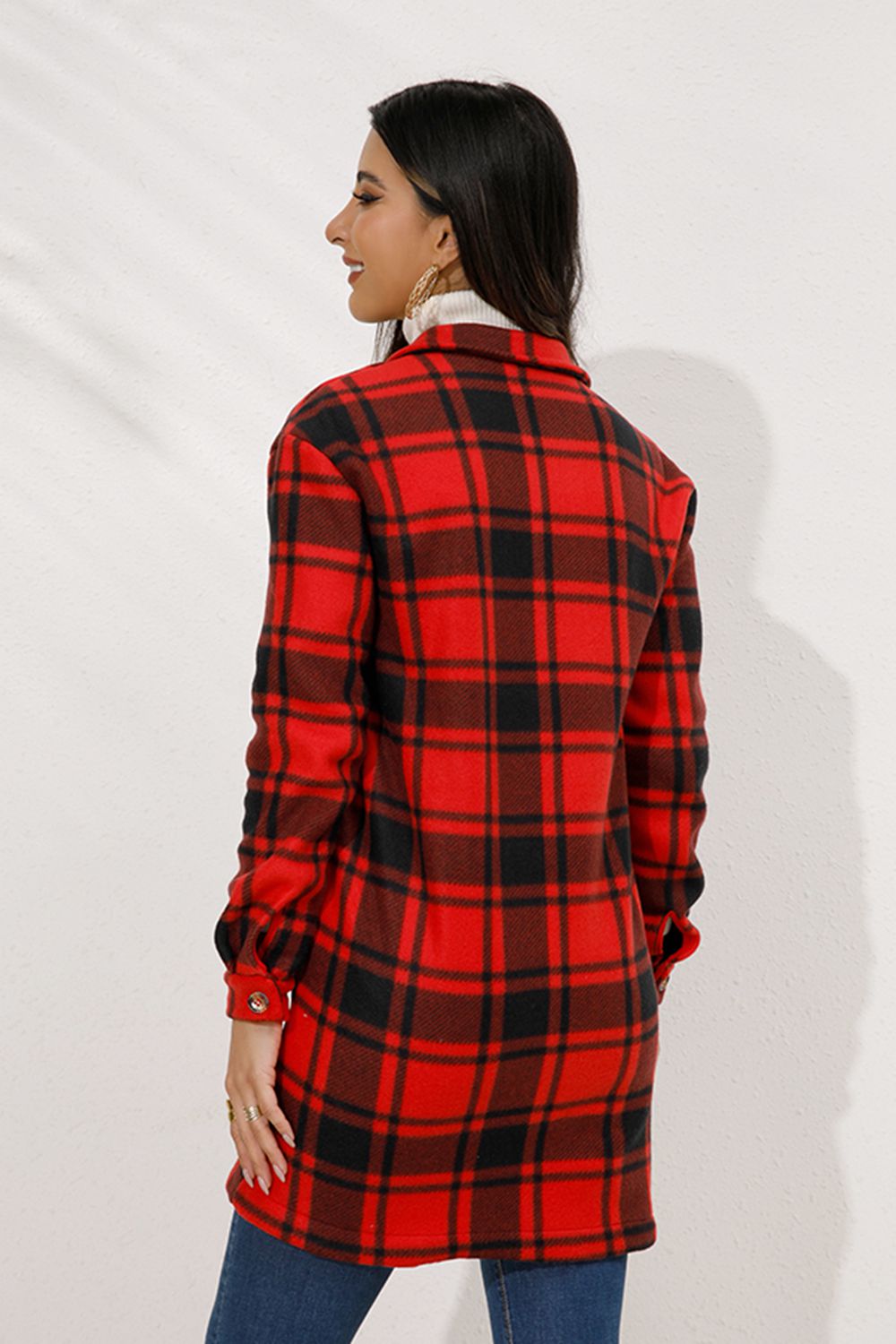 Shiny Plaid Collared Longline Coat - Fashorio