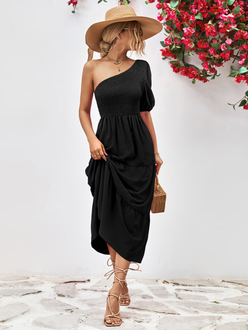 Smocked One-Shoulder Midi Dress Black - Fashorio