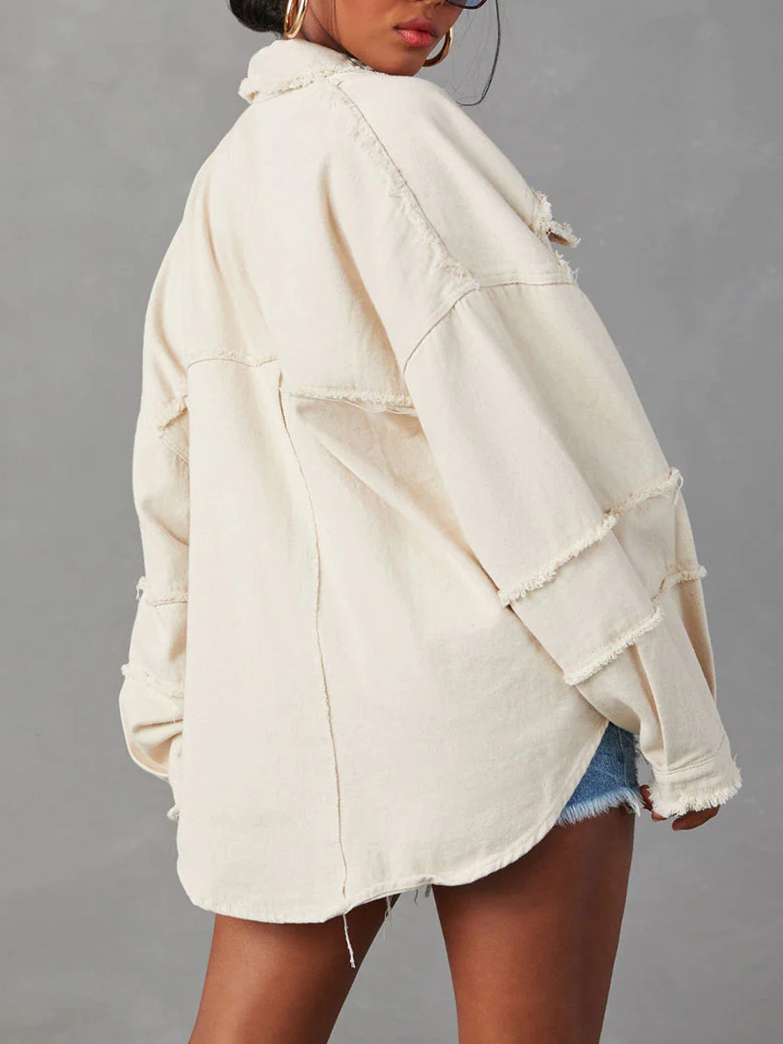 Button Down Raw Hem Denim Jacket - Fashorio
