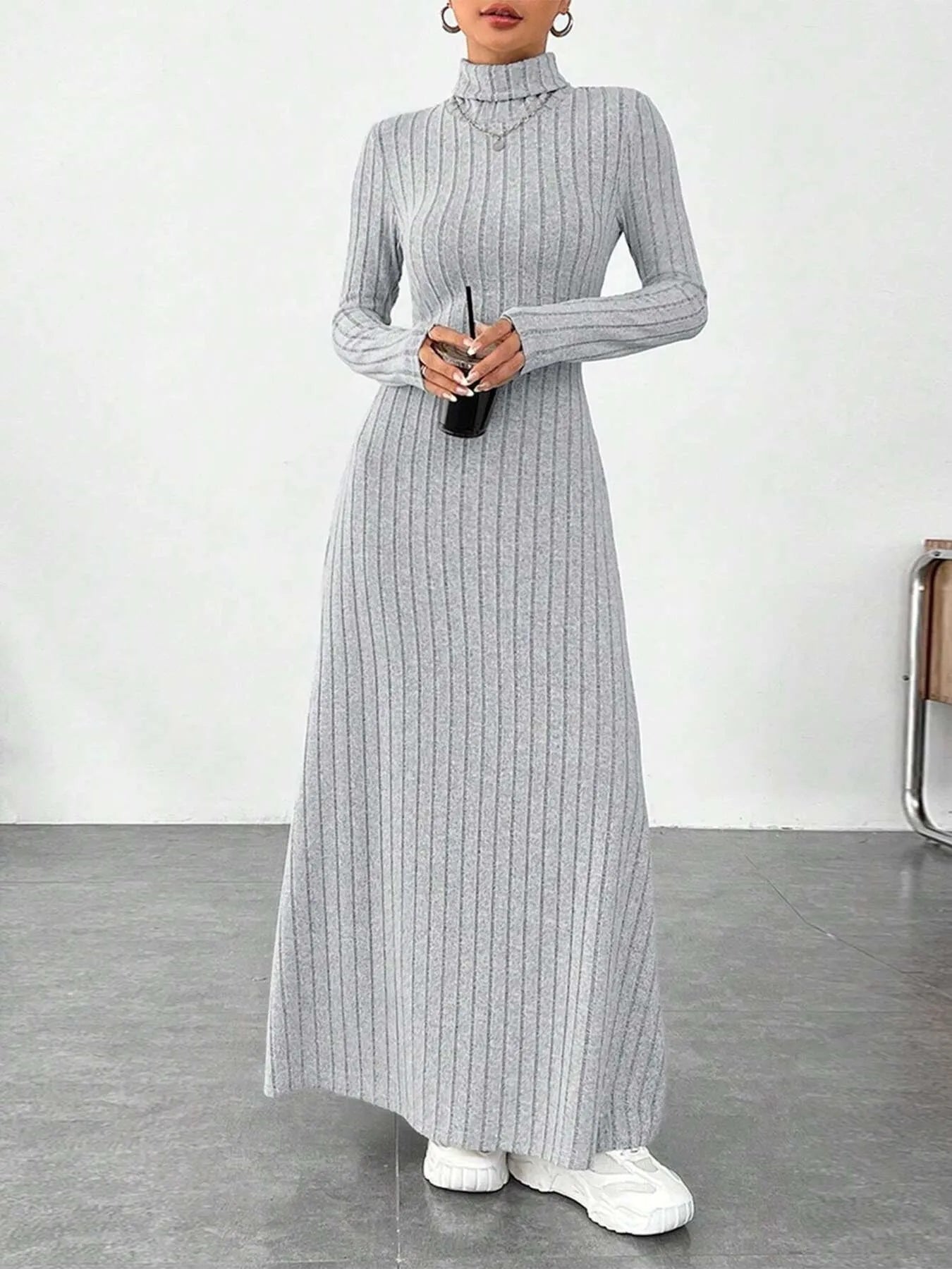 Ribbed Turtleneck Long Sleeve Maxi Knit Dress - Fashorio