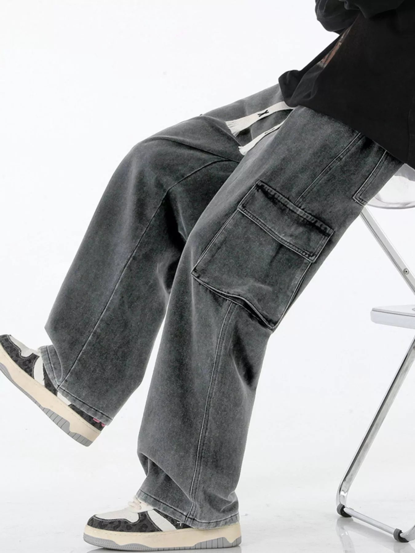 Men’s Plus Size Wide Leg Cargo Jeans – Full Size Relaxed Fit Soot - Fashorio