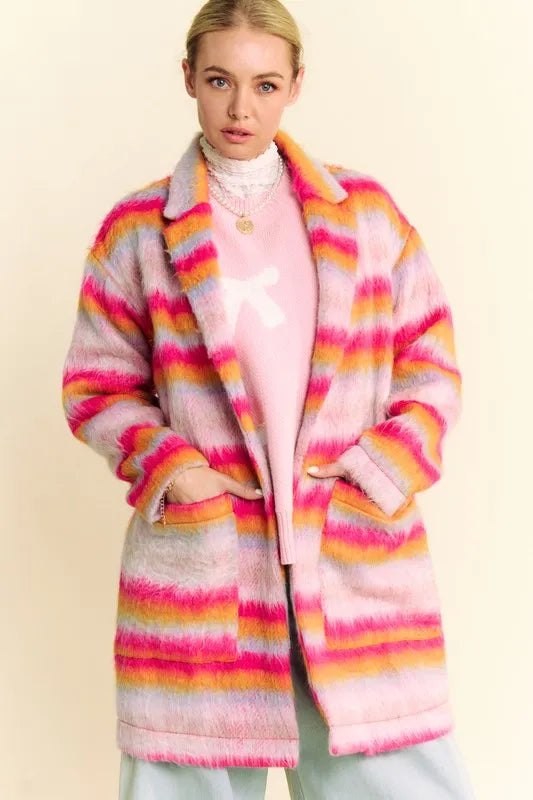 Davi & Dani Contrast Striped Open Front Coat with Pockets Pink Orange - Fashorio
