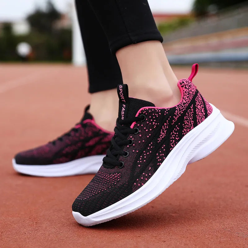 Breathable Mesh Lace Up Athletic Black Rose Red - Fashorio