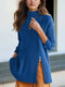 Ribbed Turtleneck Sweater with Side Slit Detail Blue - Fashorio