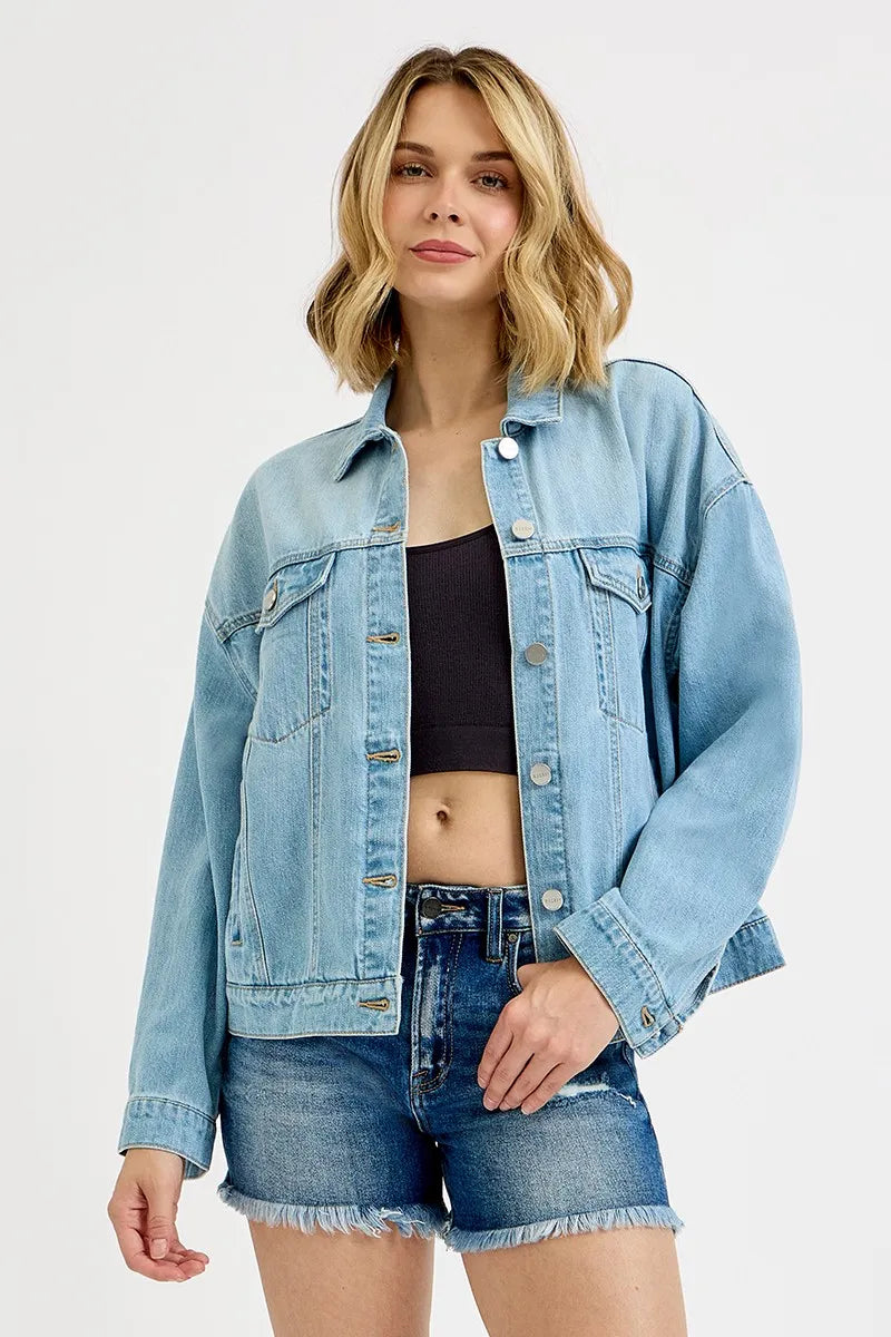 RISEN Washed Dropped Shoulder Denim Jacket LIGHT - Fashorio