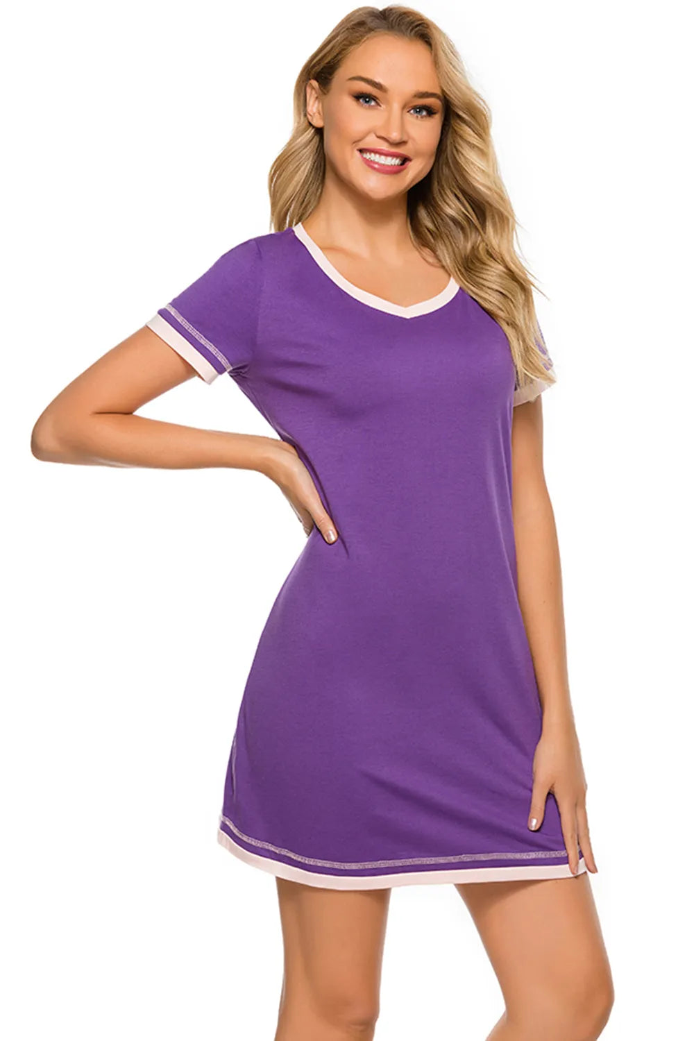 Contrast Trim Short Sleeve Lounge Dress - Fashorio
