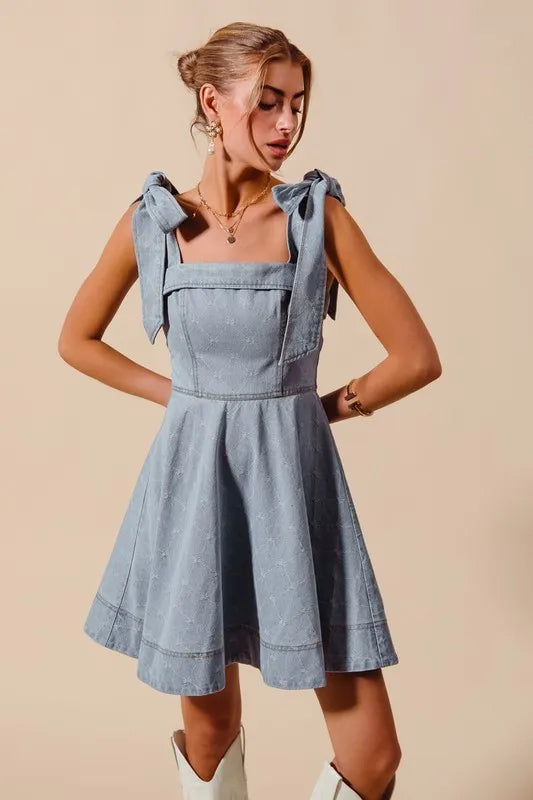 SO ME A Line Fit and Flare Diamond Bow Ribbon Denim Dres - Fashorio