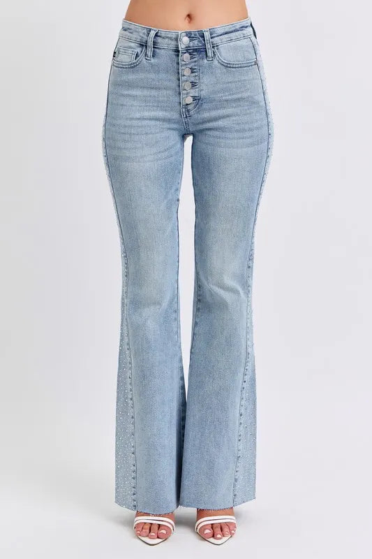 Judy Blue Full Size Mid Rise Rhinestone Side Panel Detail Flare Jeans Plus Size LT - Fashorio