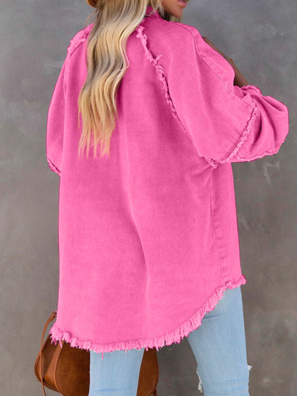 Button Down Raw Hem Denim Jacket - Fashorio