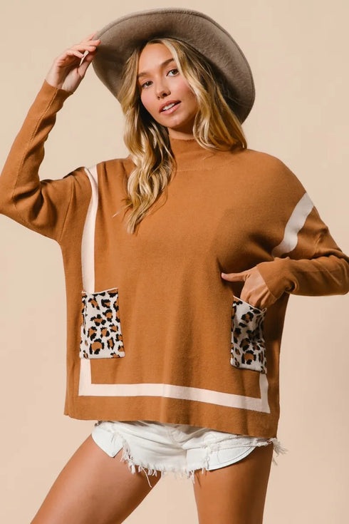 BiBi Mock Neck Sweater with Leopard Pocket - Fashorio