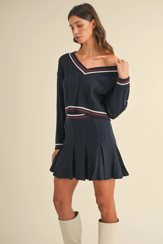 MABLE Cable-Knit Top and Pleated Skirt Sweater Set - Fashorio